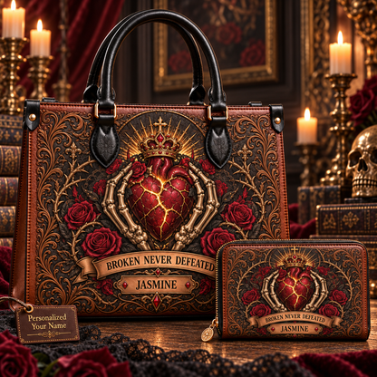 Broken Never Defeated Sacred Heart Leather Handbag + Free Matching Wallet