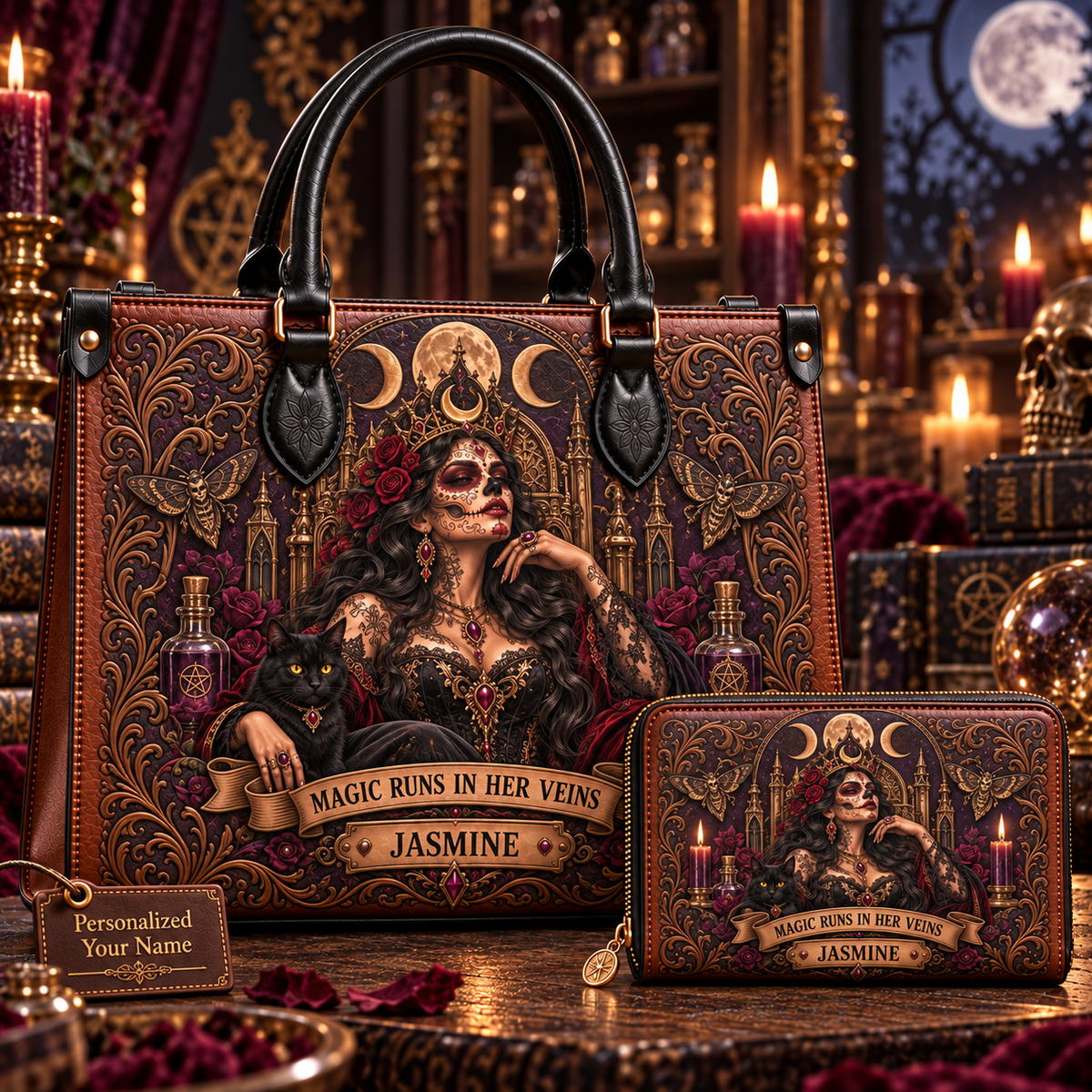 Magic Runs in Her Veins Gothic Witch Leather Handbag + Free Matching Wallet