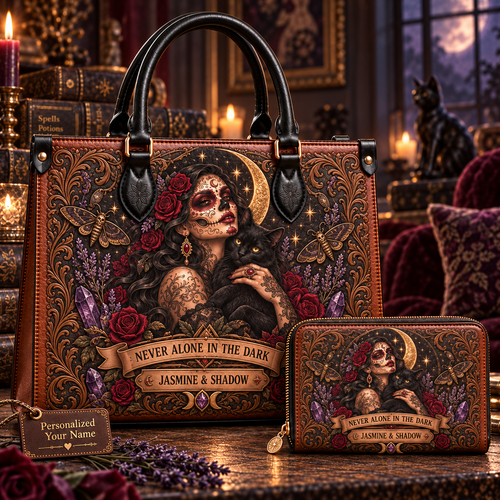 Never Alone in the Dark Gothic Cat Leather Handbag + Free Matching Wallet