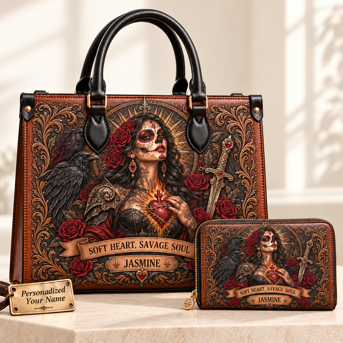 Soft Heart, Savage Soul Gothic Warrior Leather Handbag + Free Matching Wallet