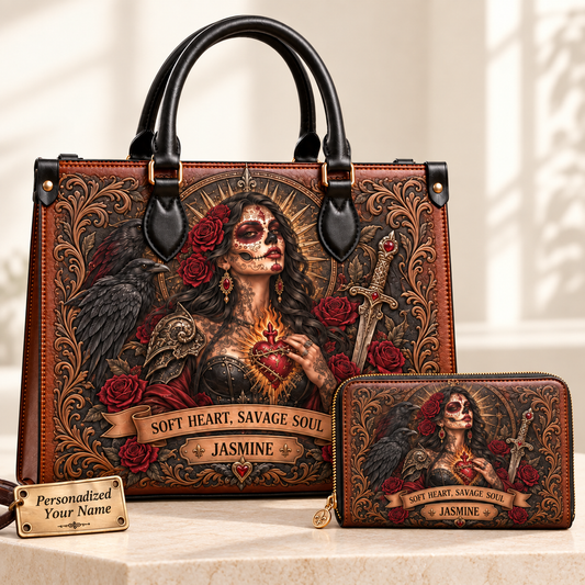 Soft Heart, Savage Soul Gothic Warrior Leather Handbag + Free Matching Wallet