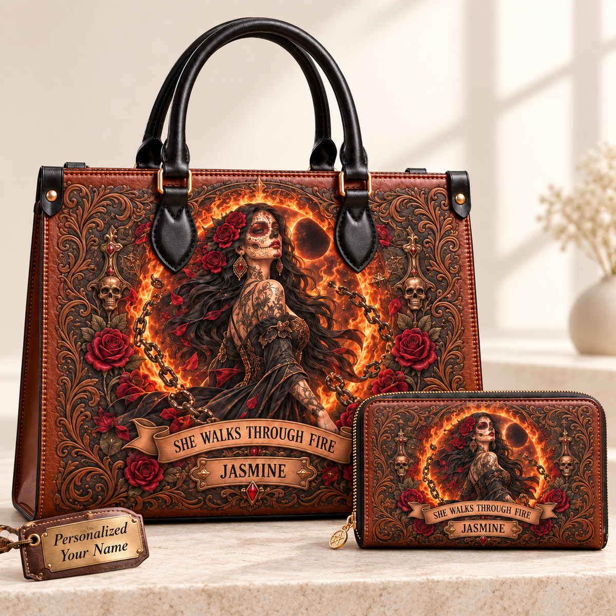 She Walks Through Fire Leather Handbag + Free Matching Wallet