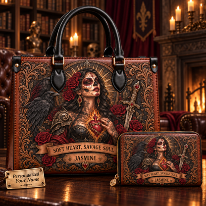 Soft Heart, Savage Soul Gothic Warrior Leather Handbag + Free Matching Wallet
