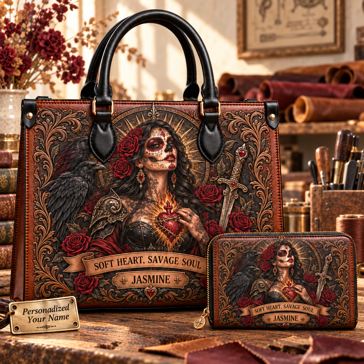 Soft Heart, Savage Soul Gothic Warrior Leather Handbag + Free Matching Wallet
