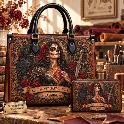 Soft Heart, Savage Soul Gothic Warrior Leather Handbag + Free Matching Wallet
