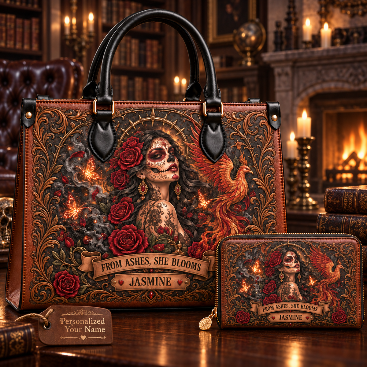 From Ashes, She Blooms Phoenix Queen Leather Handbag + Free Matching Wallet