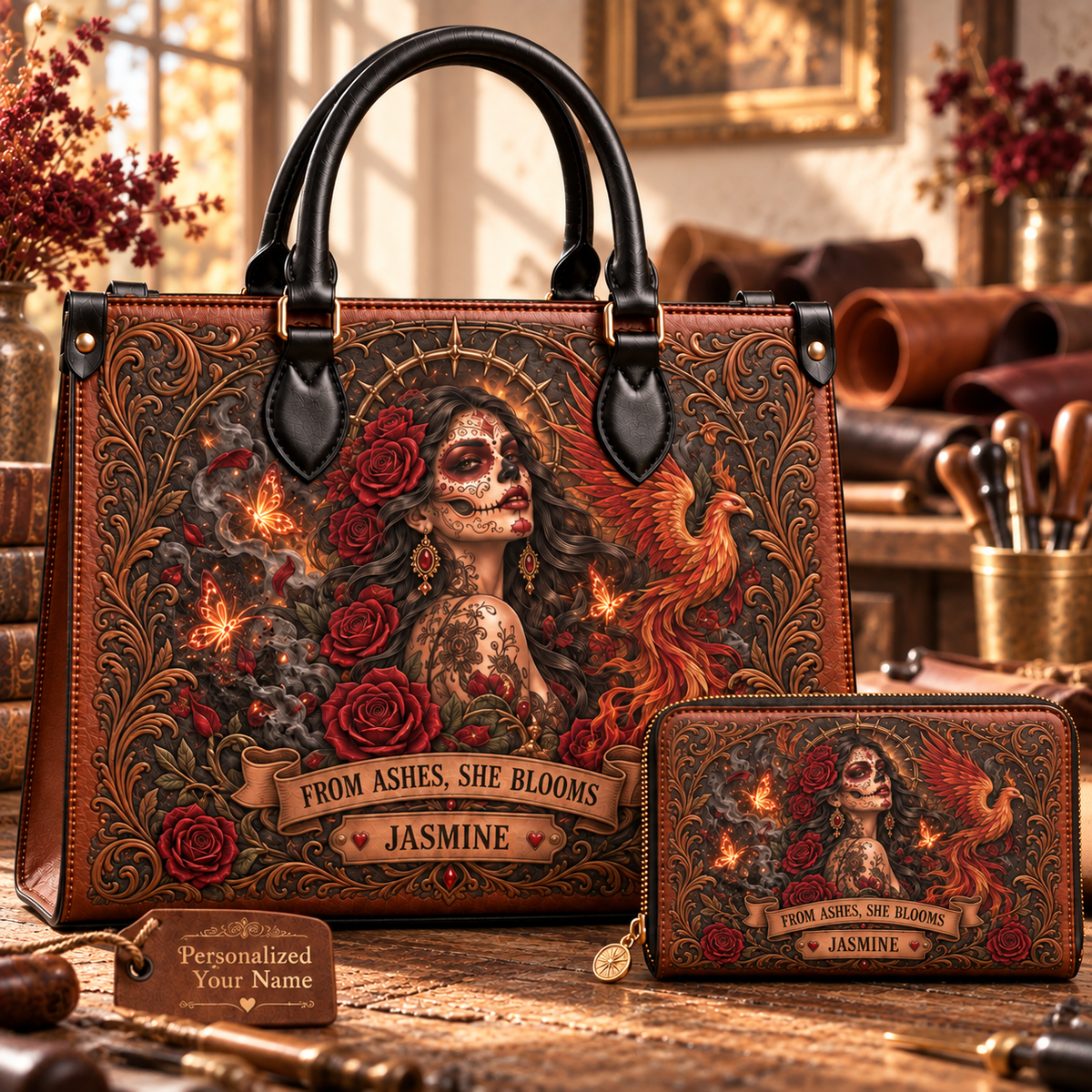 From Ashes, She Blooms Phoenix Queen Leather Handbag + Free Matching Wallet