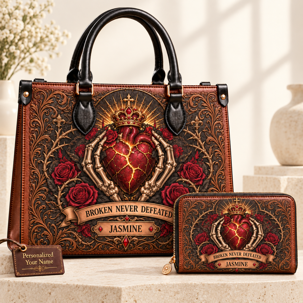 Broken Never Defeated Sacred Heart Leather Handbag + Free Matching Wallet