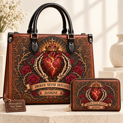 Broken Never Defeated Sacred Heart Leather Handbag + Free Matching Wallet