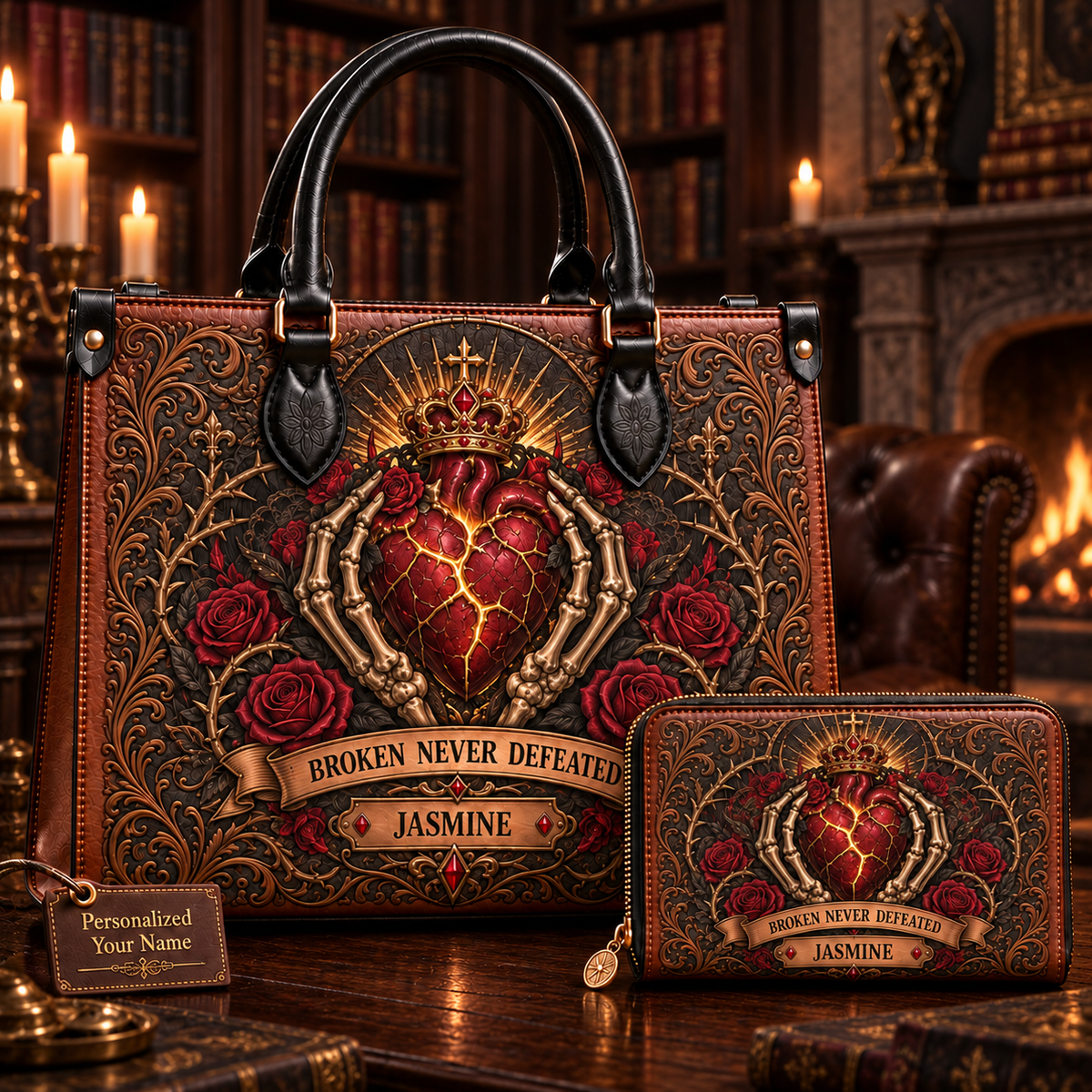 Broken Never Defeated Sacred Heart Leather Handbag + Free Matching Wallet