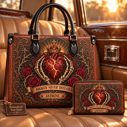 Broken Never Defeated Sacred Heart Leather Handbag + Free Matching Wallet