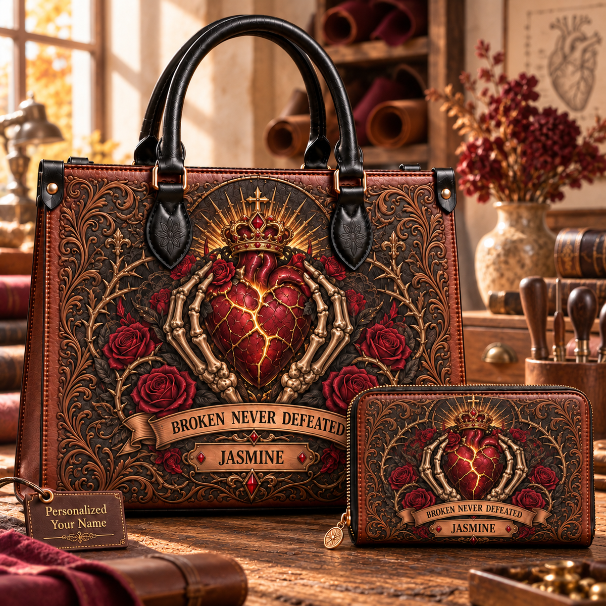 Broken Never Defeated Sacred Heart Leather Handbag + Free Matching Wallet