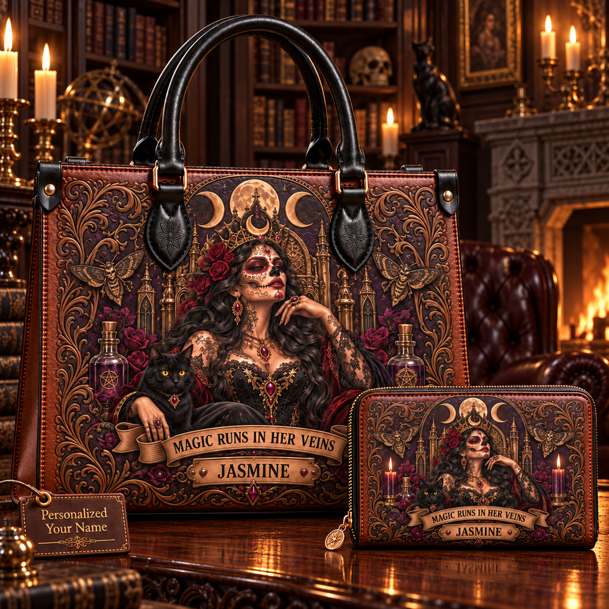 Magic Runs in Her Veins Gothic Witch Leather Handbag + Free Matching Wallet