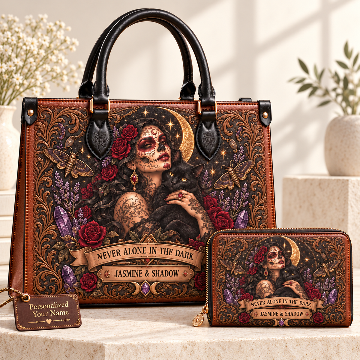 Never Alone in the Dark Gothic Cat Leather Handbag + Free Matching Wallet