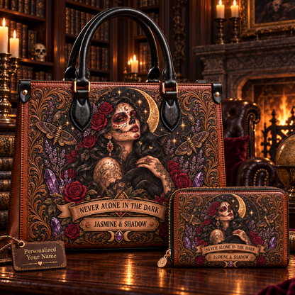 Never Alone in the Dark Gothic Cat Leather Handbag + Free Matching Wallet