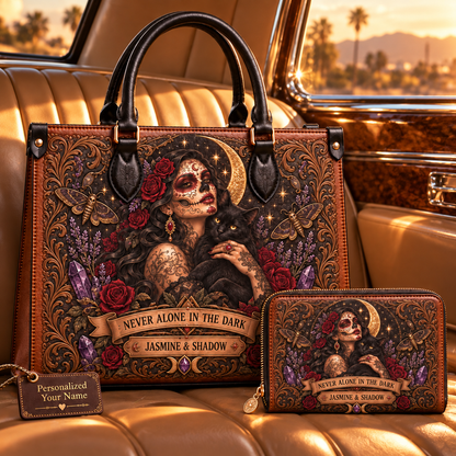Never Alone in the Dark Gothic Cat Leather Handbag + Free Matching Wallet