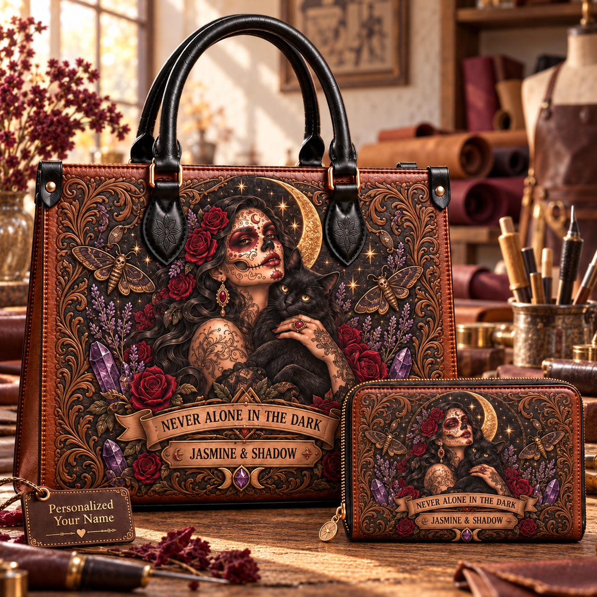 Never Alone in the Dark Gothic Cat Leather Handbag + Free Matching Wallet
