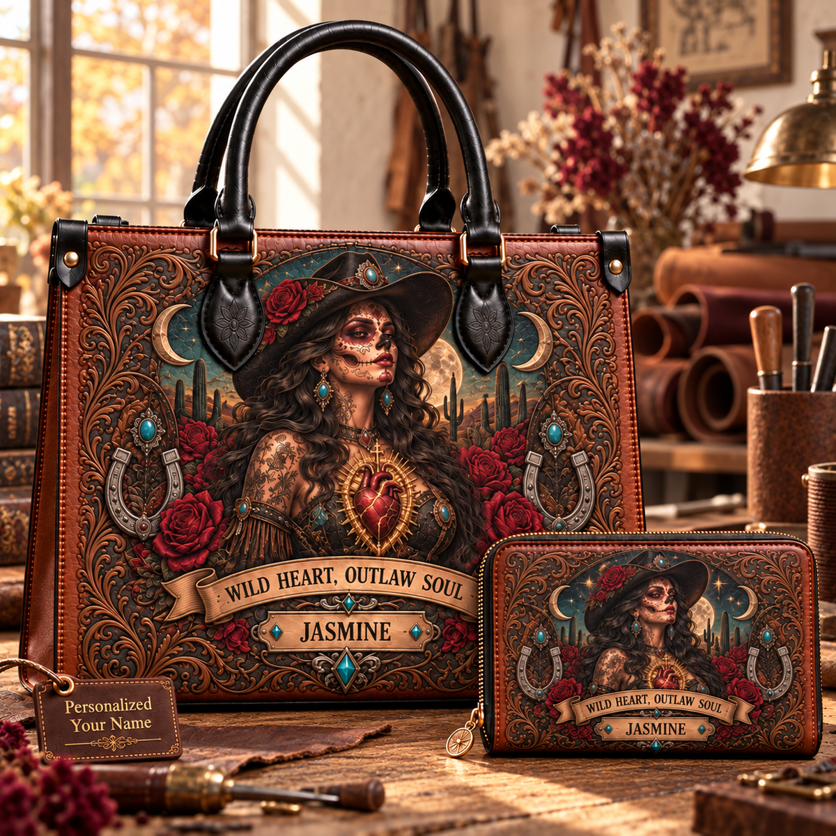 Wild Heart, Outlaw Soul Cowgirl Leather Handbag + Free Matching Wallet