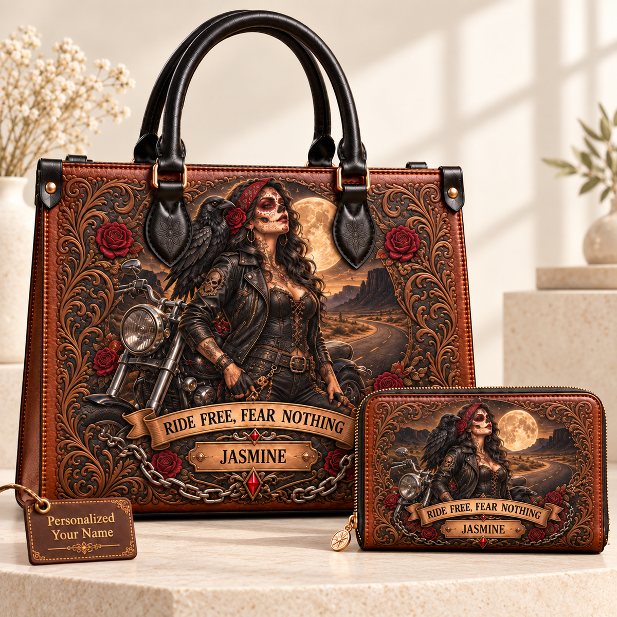 Ride Free, Fear Nothing Gothic Biker Leather Handbag + Free Matching Wallet