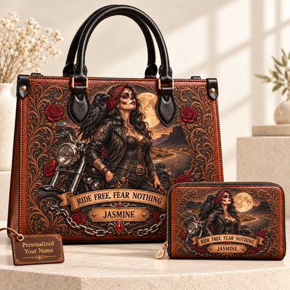 Ride Free, Fear Nothing Gothic Biker Leather Handbag + Free Matching Wallet