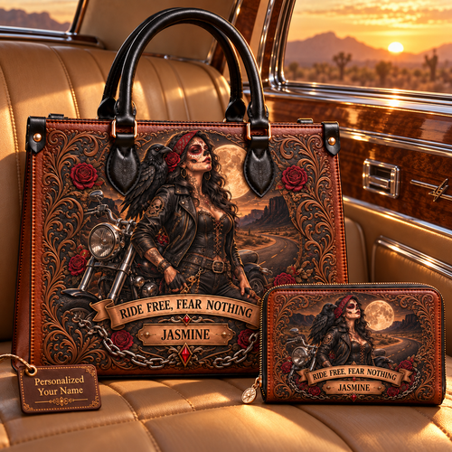 Ride Free, Fear Nothing Gothic Biker Leather Handbag + Free Matching Wallet