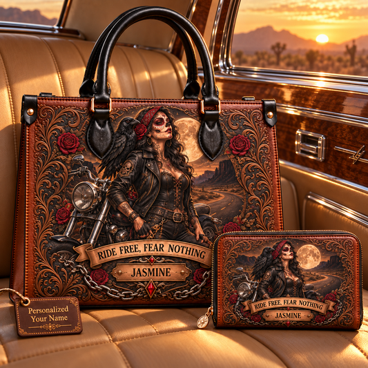 Ride Free, Fear Nothing Gothic Biker Leather Handbag + Free Matching Wallet