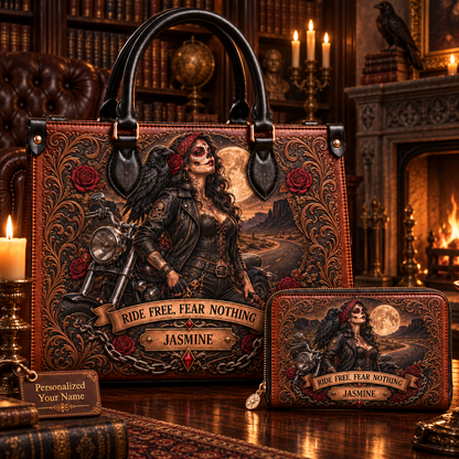 Ride Free, Fear Nothing Gothic Biker Leather Handbag + Free Matching Wallet