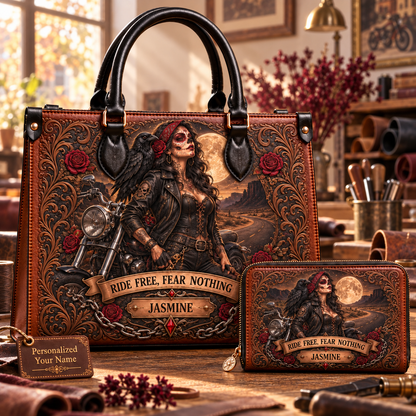 Ride Free, Fear Nothing Gothic Biker Leather Handbag + Free Matching Wallet