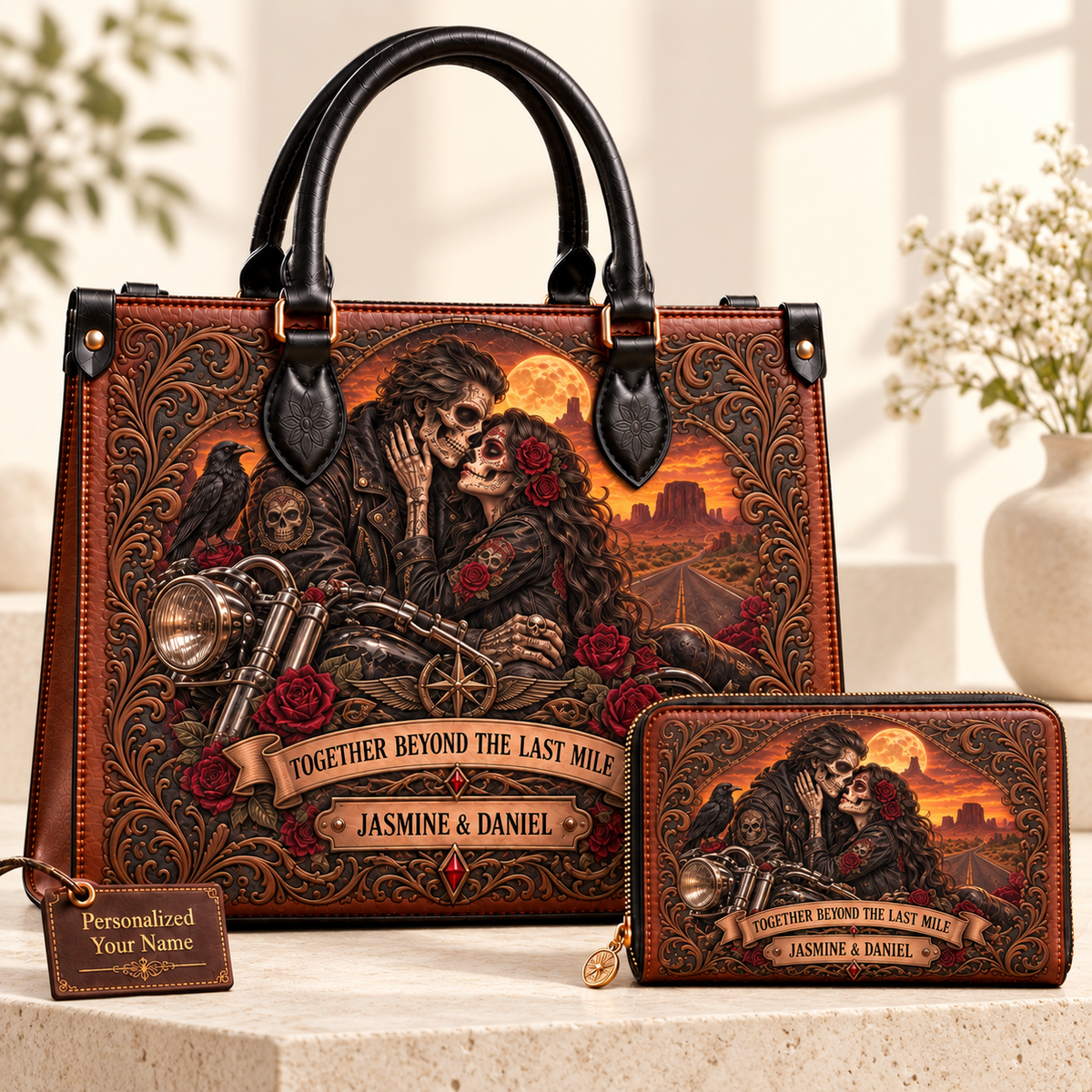 Together Beyond the Last Mile Biker Couple Leather Handbag + Free Matching Wallet