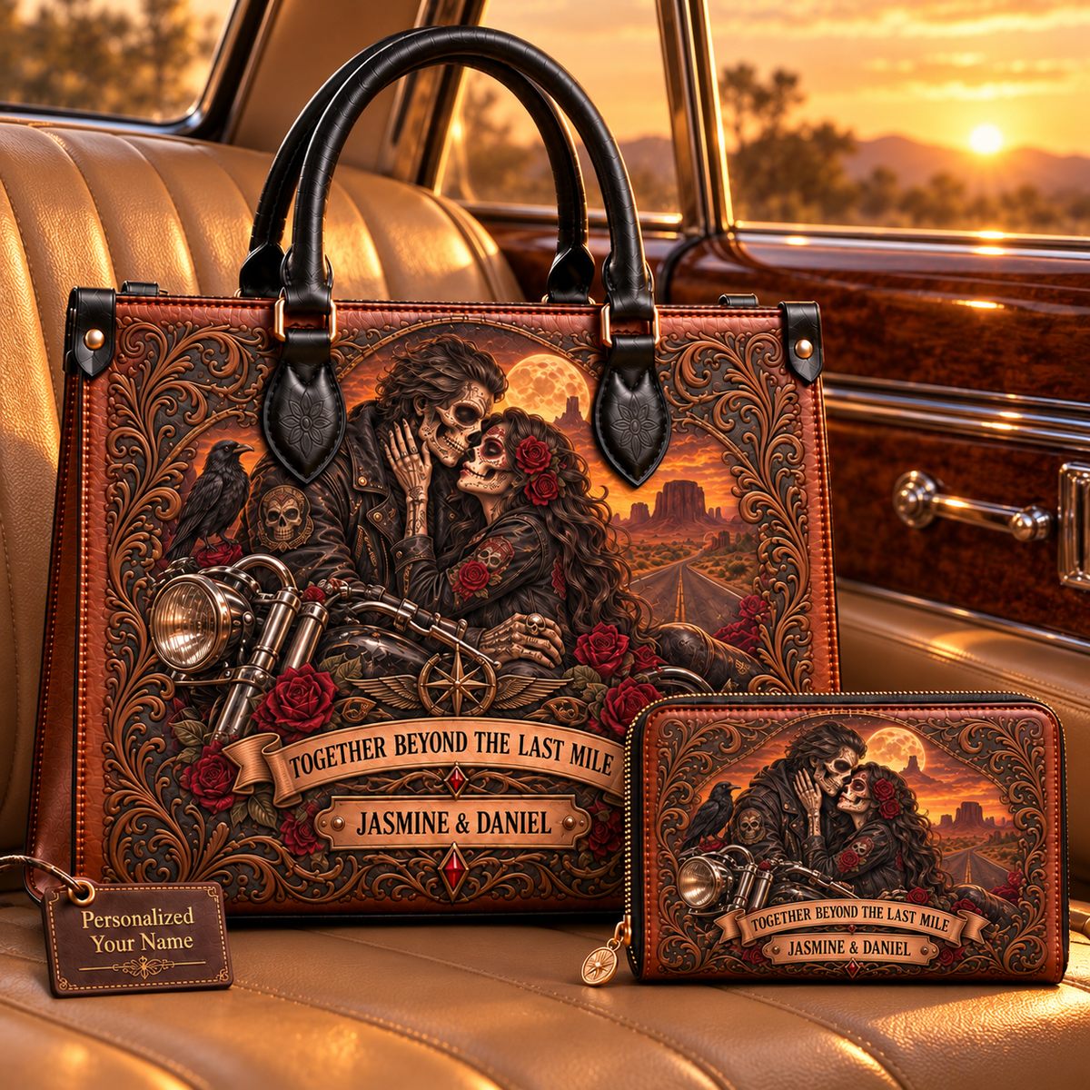 Together Beyond the Last Mile Biker Couple Leather Handbag + Free Matching Wallet