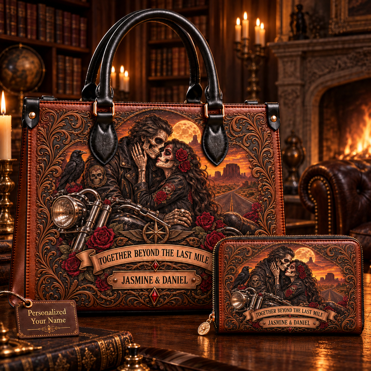 Together Beyond the Last Mile Biker Couple Leather Handbag + Free Matching Wallet