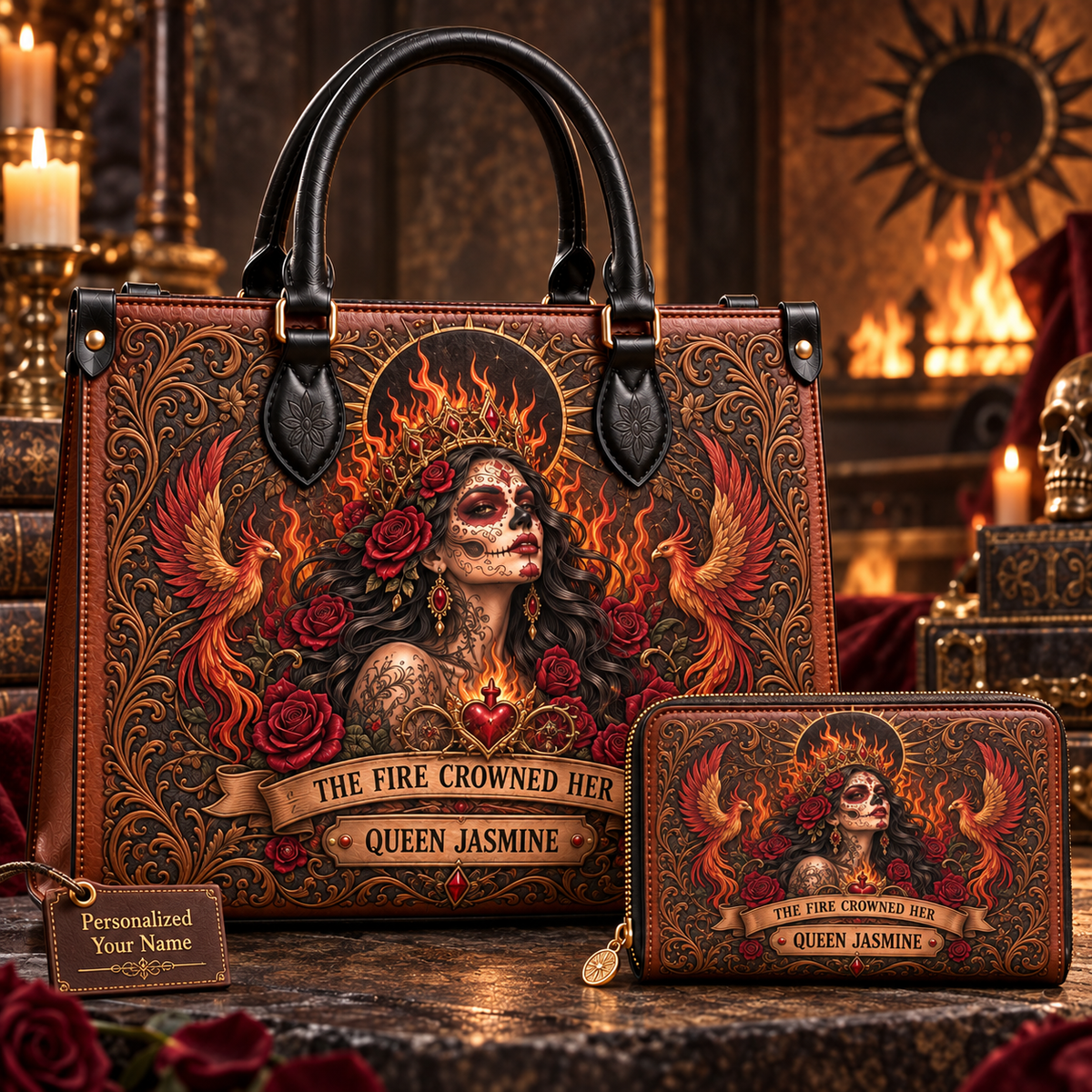 The Fire-Crowned Queen Personalized Leather Handbag + Free Matching Wallet