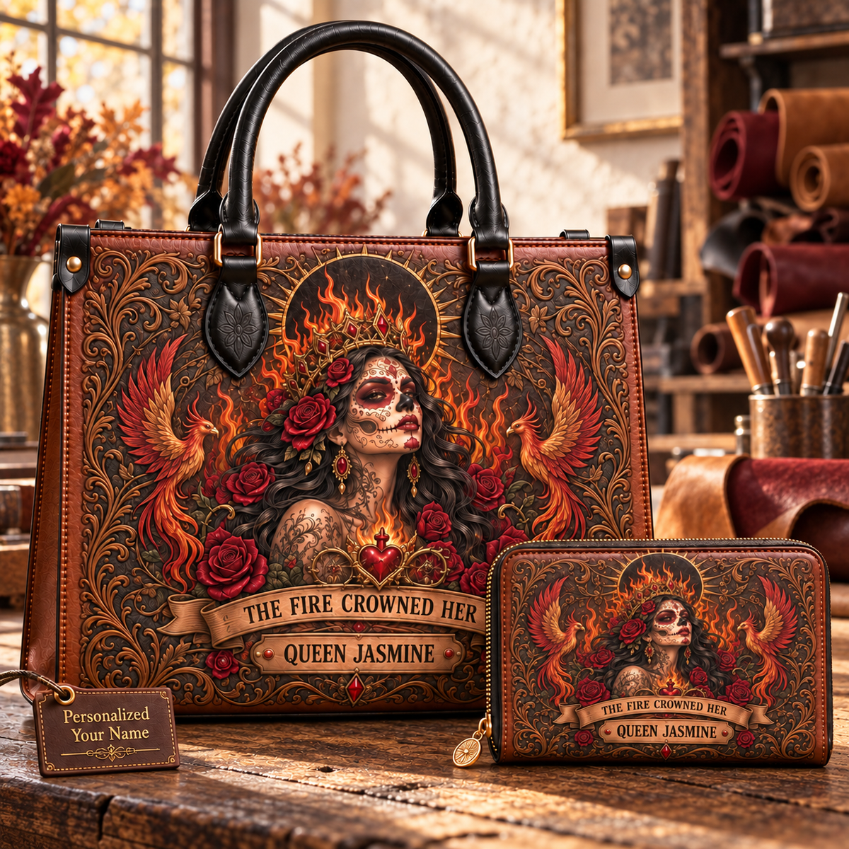 The Fire-Crowned Queen Personalized Leather Handbag + Free Matching Wallet