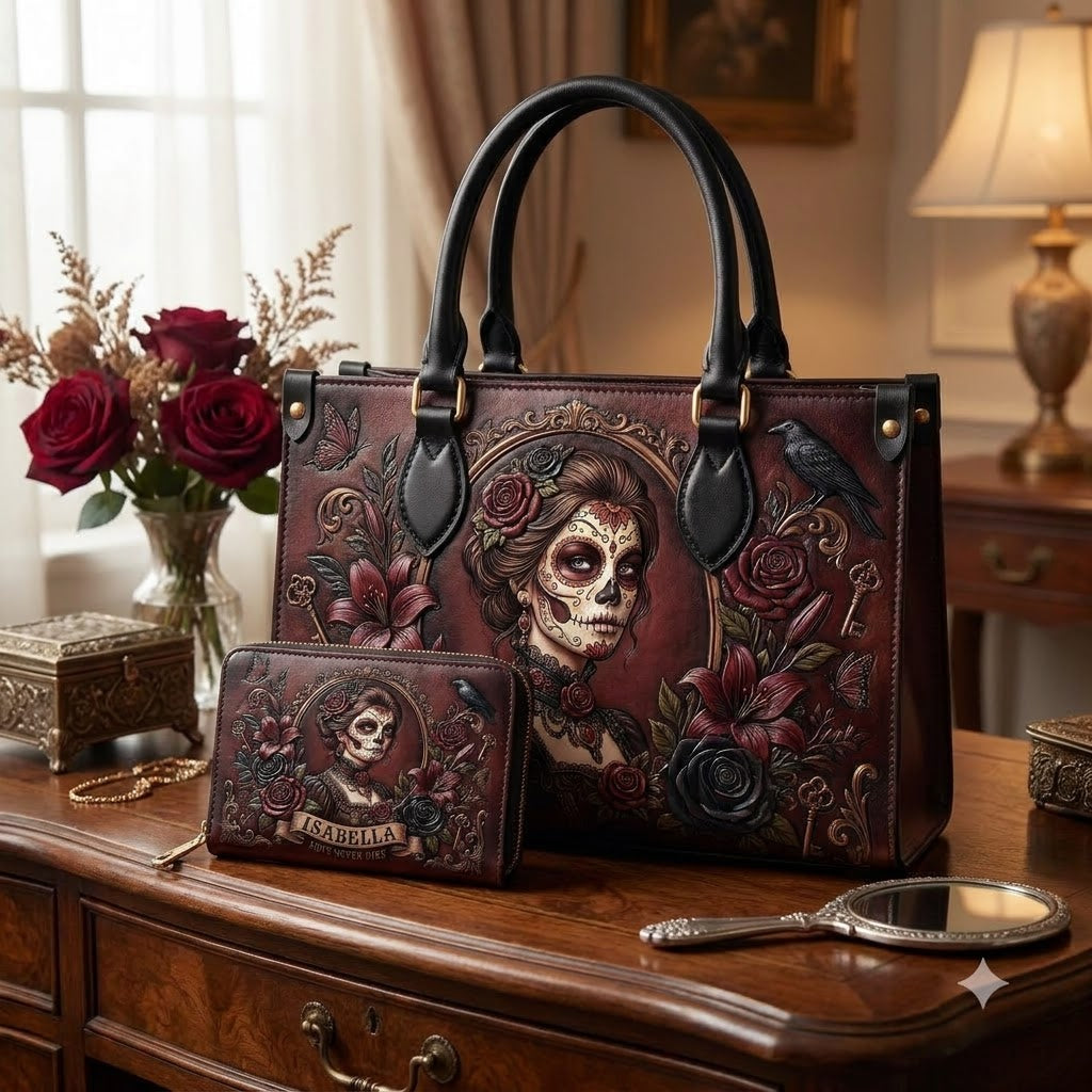 Gothic Sugar Skull Rose Leather Bag + Free Wallet