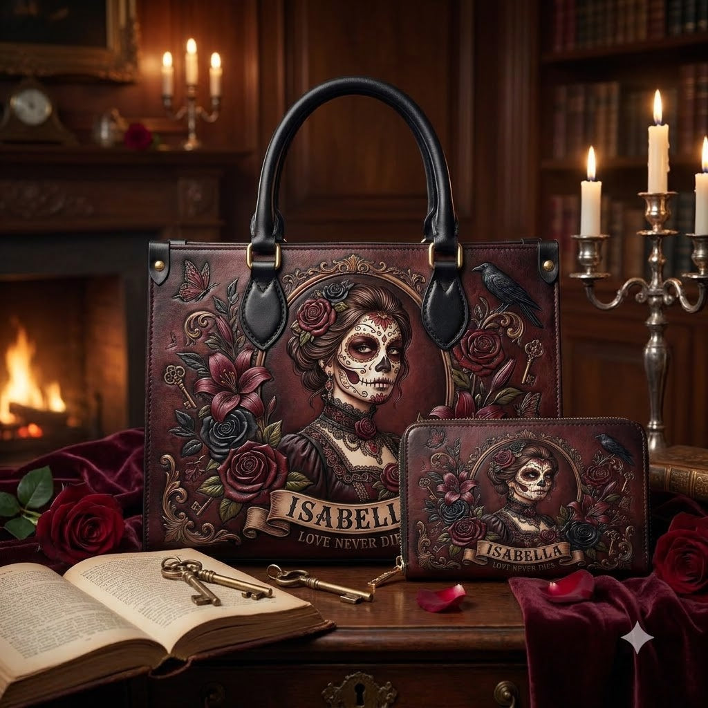 Gothic Sugar Skull Rose Leather Bag + Free Wallet