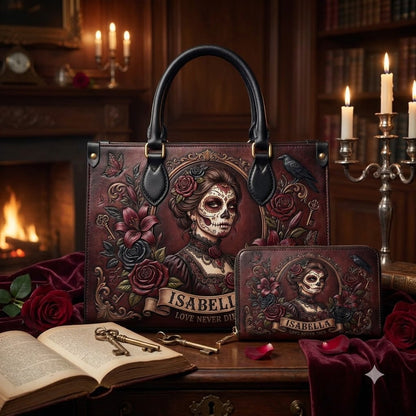 Gothic Sugar Skull Rose Leather Bag + Free Wallet