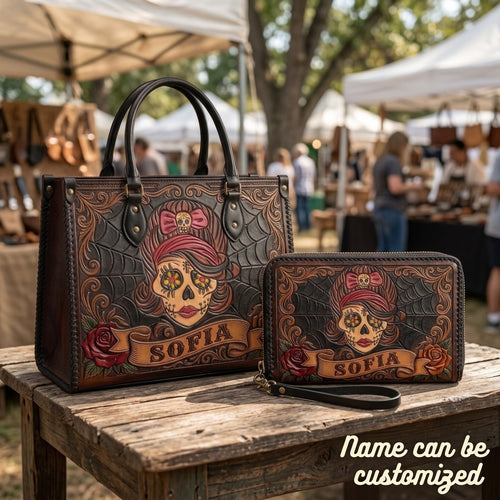 Gothic Sugar Skull Girl Leather Bag + Free Wallet
