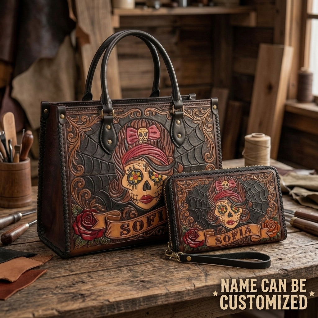 Gothic Sugar Skull Girl Leather Bag + Free Wallet
