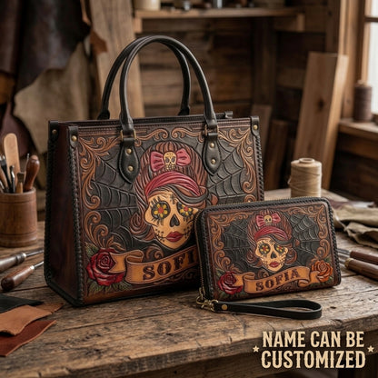 Gothic Sugar Skull Girl Leather Bag + Free Wallet