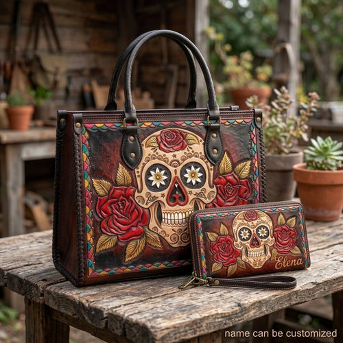 Red Rose Sugar Skull Leather Bag + Free Wallet
