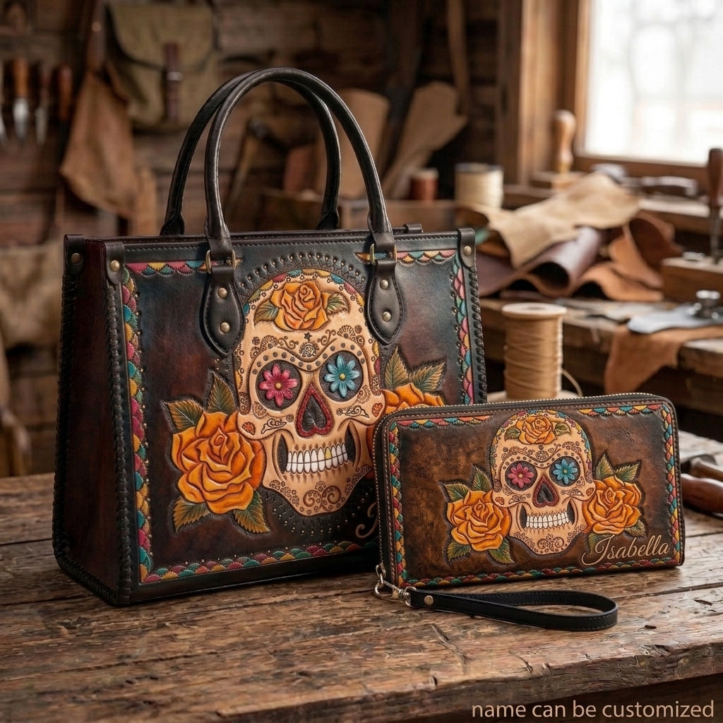Marigold Sugar Skull Leather Bag + Free Wallet