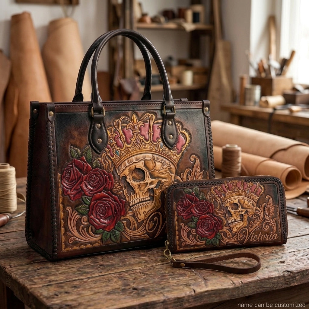 Royal Crown Skull & Roses Leather Bag + Free Wallet