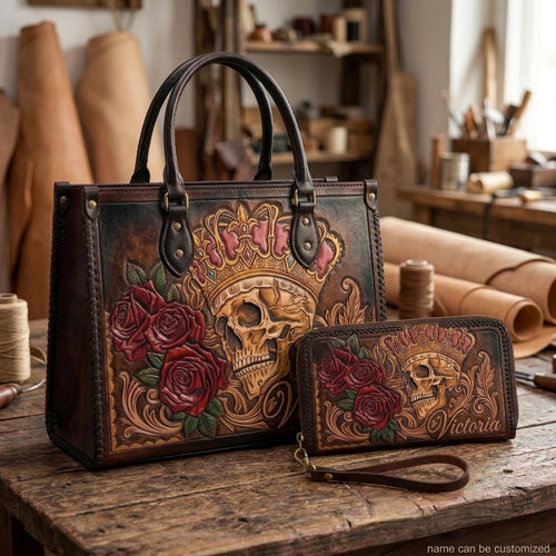 Royal Crown Skull & Roses Leather Bag + Free Wallet