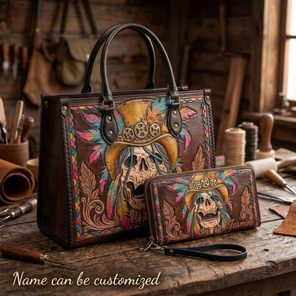 Steampunk Feather Skull Leather Bag + Free Wallet
