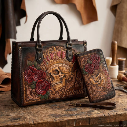 Royal Crown Skull & Roses Leather Bag + Free Wallet