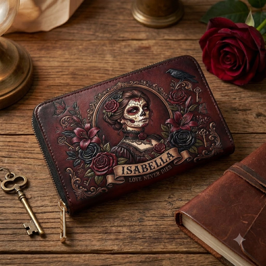 Gothic Sugar Skull Rose Leather Bag + Free Wallet
