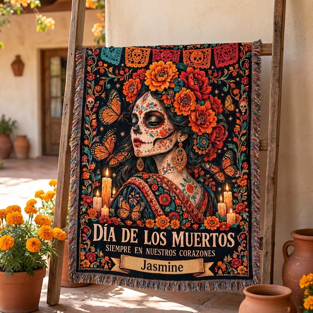 Día de los Muertos Personalized Sugar Skull Woman Woven Blanket