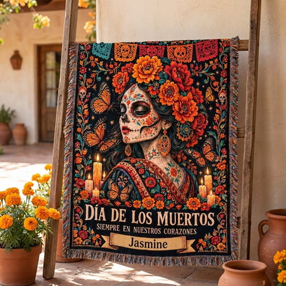 Día de los Muertos Personalized Sugar Skull Woman Woven Blanket