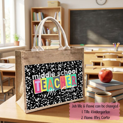 Teacher Name V1 Personalized Jute Tote Bag