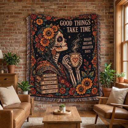 Good Things Take Time Sugar Skull Woman Woven Blanket